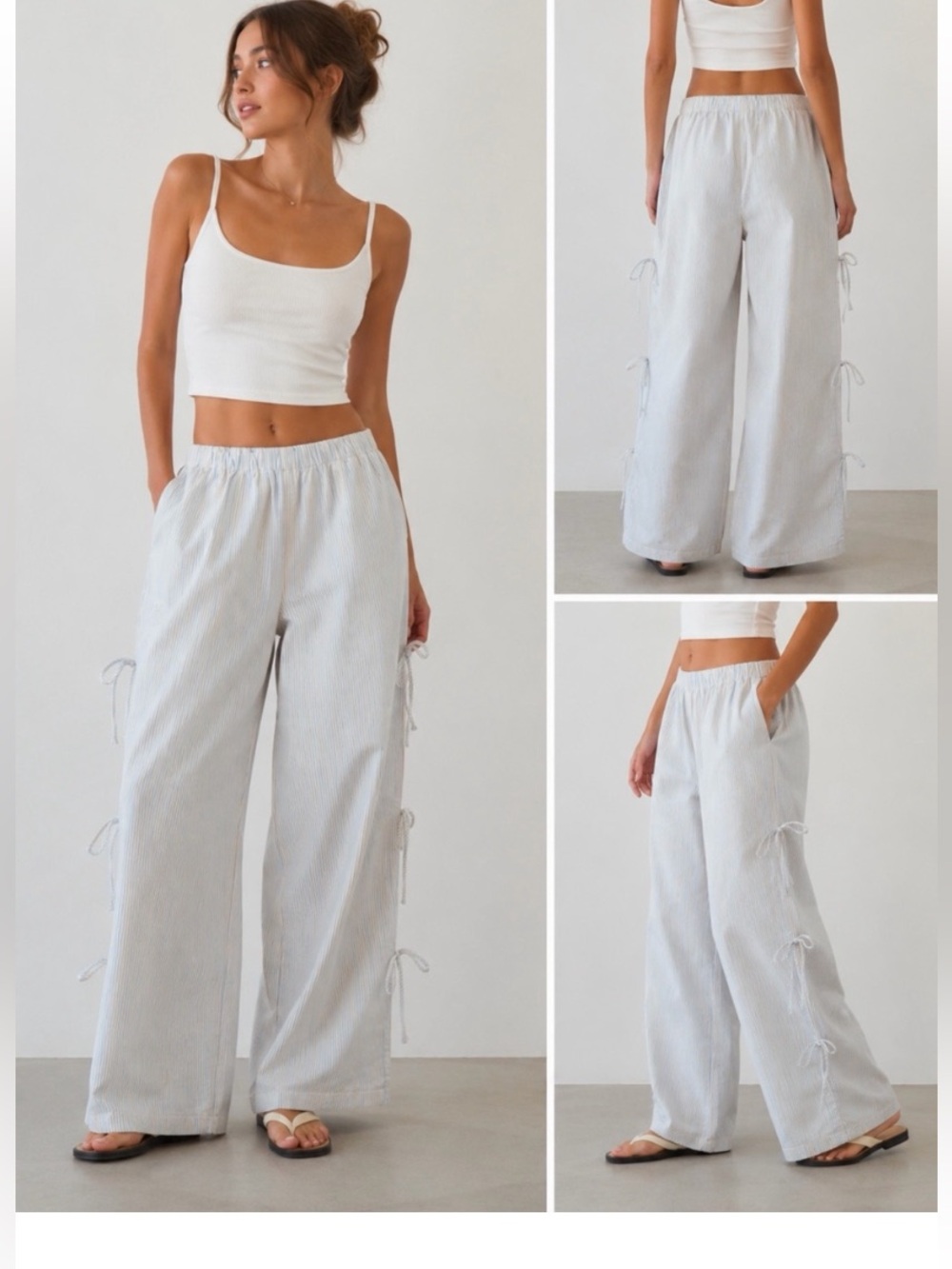 Wide Leg Tie-Side railroad stripe cotton Pants — light blue Pinstripe